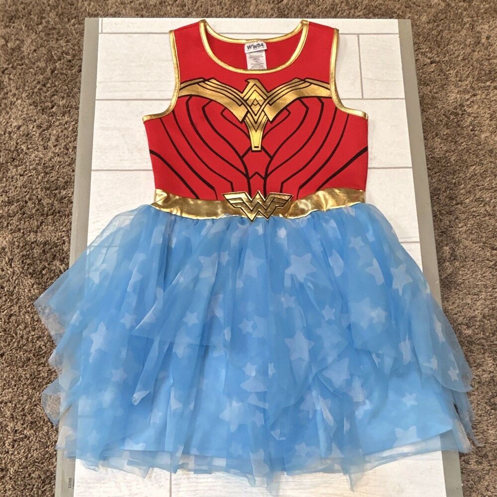 WW84 Wonder Woman Girls Dress Costume Red/Blue/Gold Tulle Skirt G 10/12 Stretch